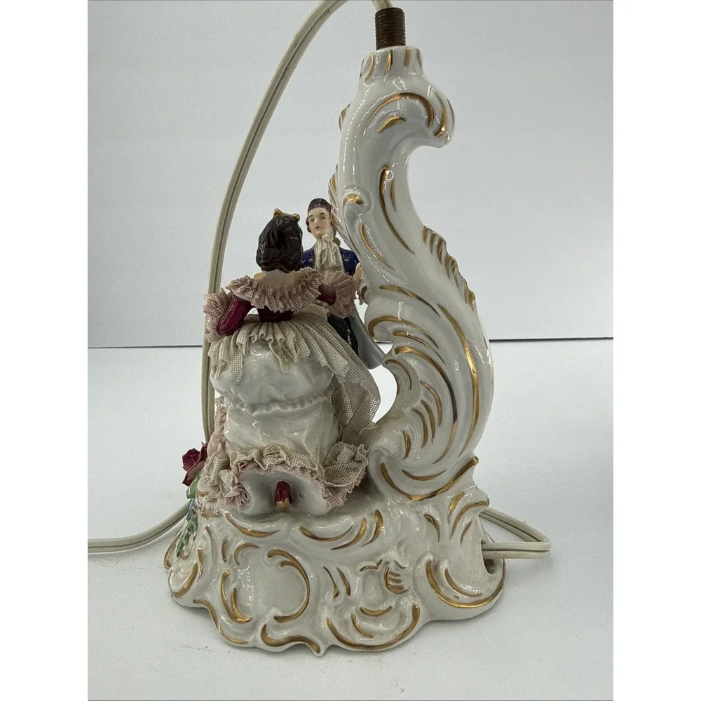 Pair VTG Unterweissbach Germany Porcelain Lace Courting Couple Lamps AS IS